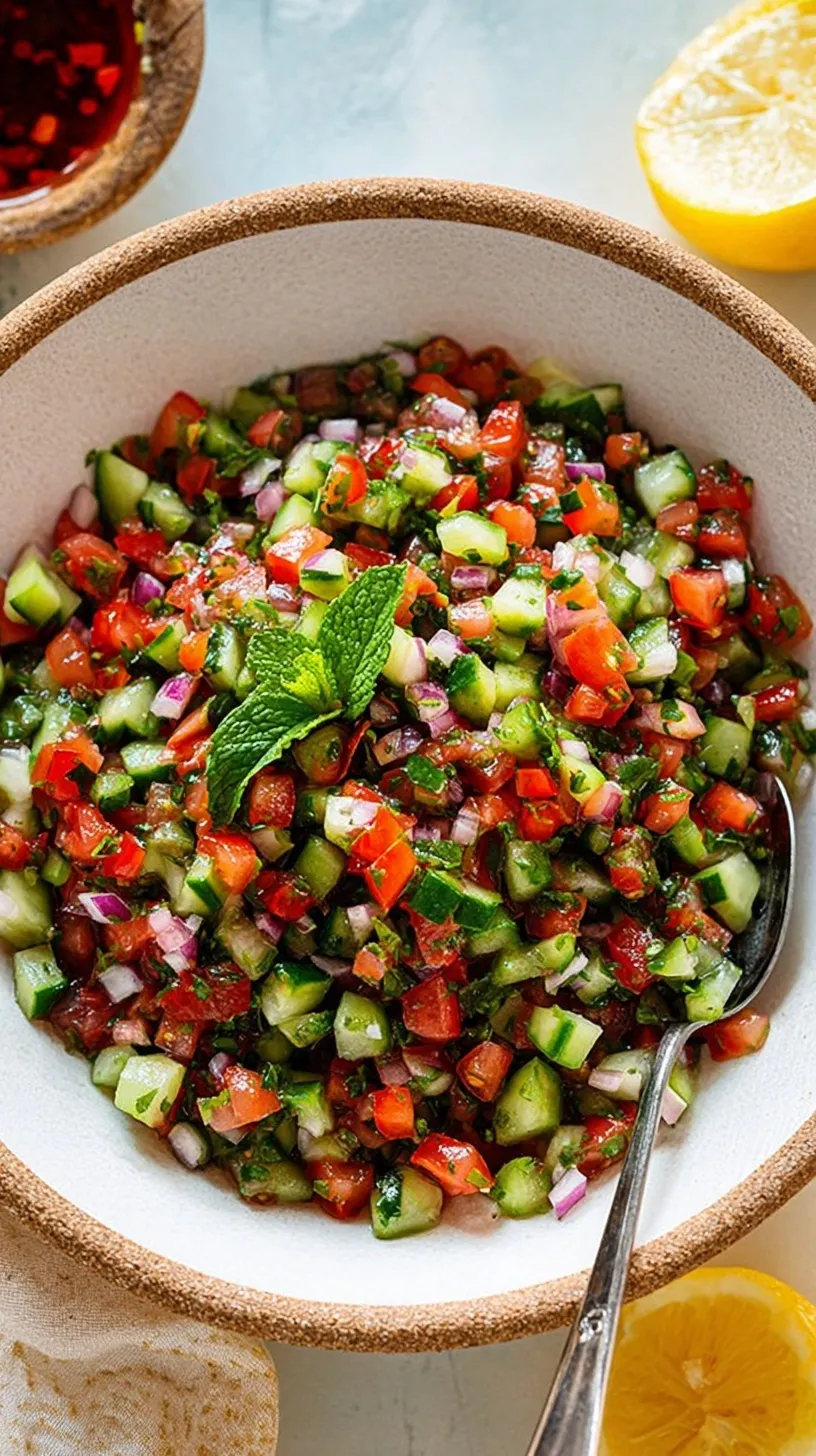 A vibrant bowl of finely diced cucumbers, tomatoes, and red onions dressed with lime and dried mint.