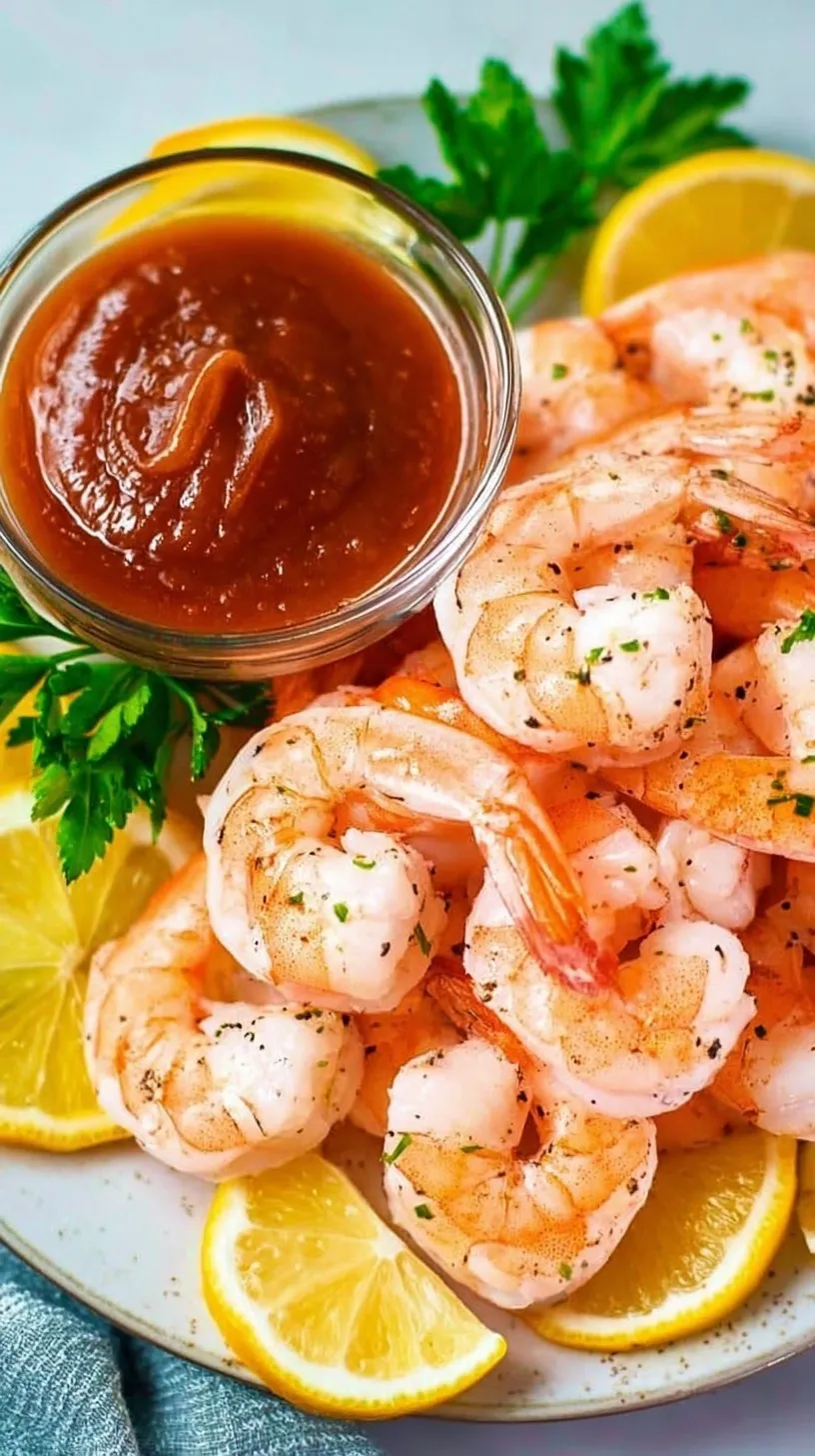 Chilled large shrimp arranged around a glass of zesty red cocktail sauce