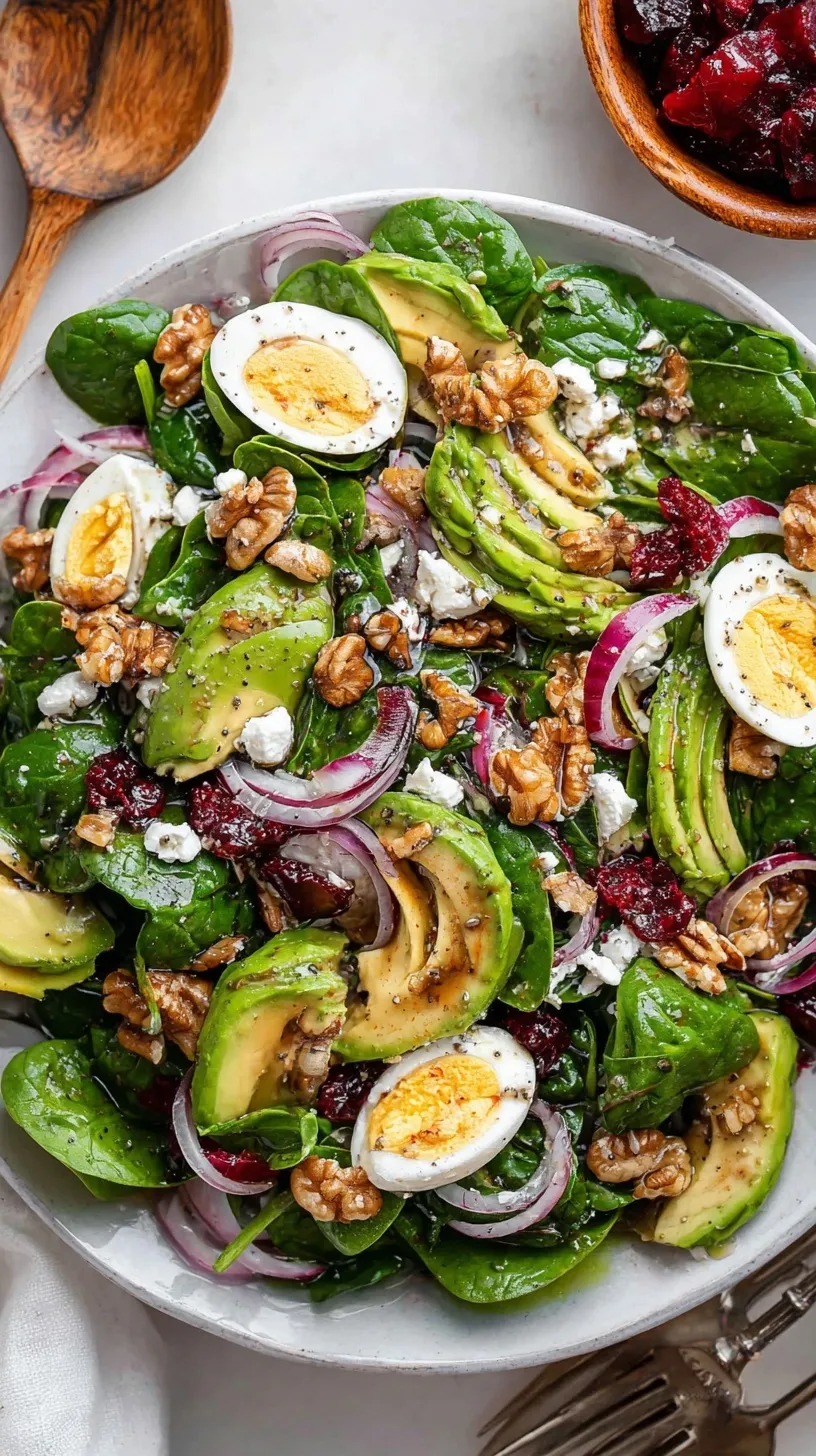 Fresh spinach salad with hard boiled eggs, bacon bits, and red onions in a bowl