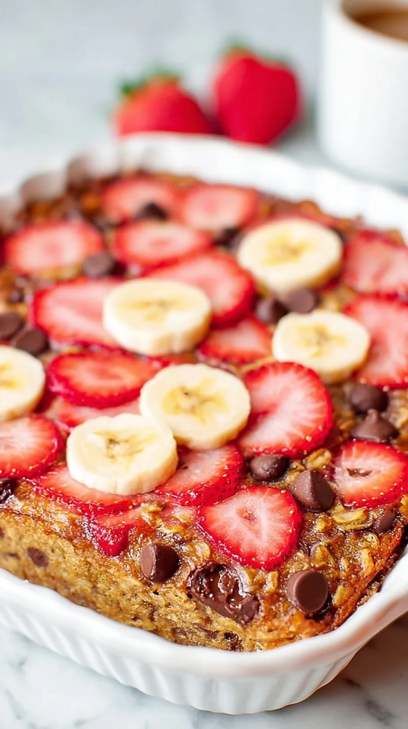 A golden brown dish of baked oatmeal topped with fresh sliced strawberries and bananas.