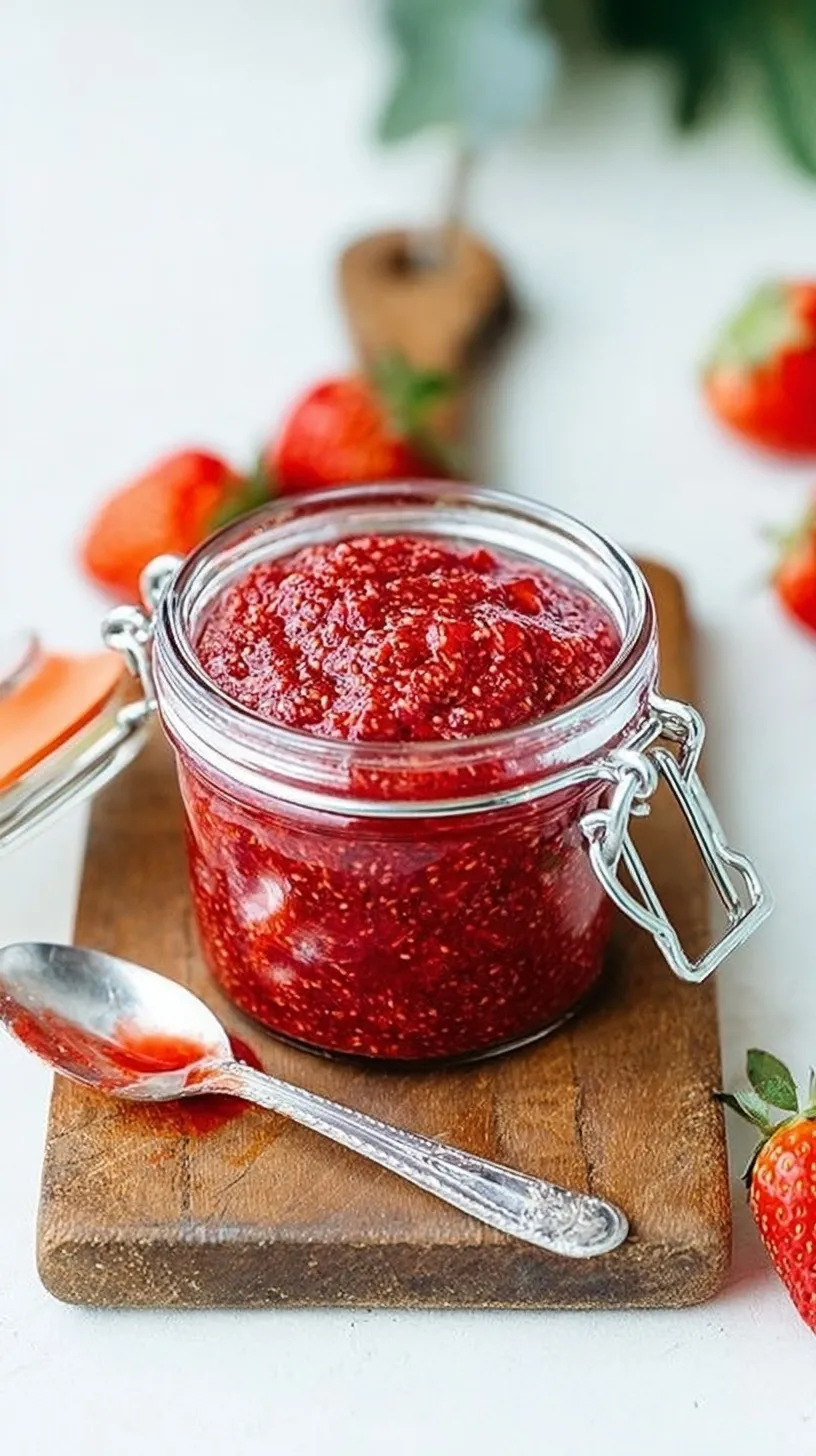 Glass jar filled with vibrant red strawberry chia jam on a wooden table with fresh berries nearby