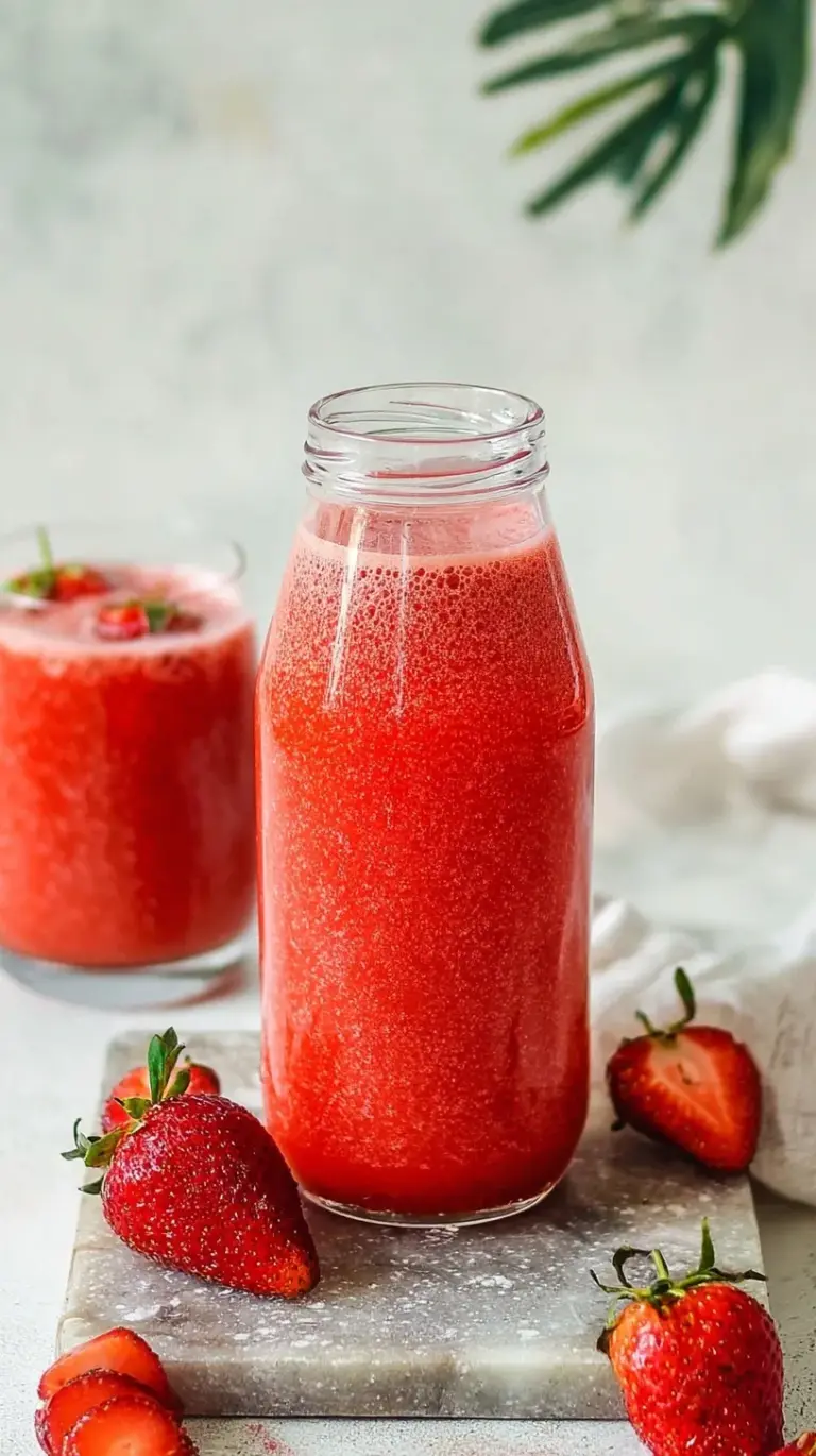 A tall glass of vibrant red strawberry juice served over ice with a fresh strawberry garnish