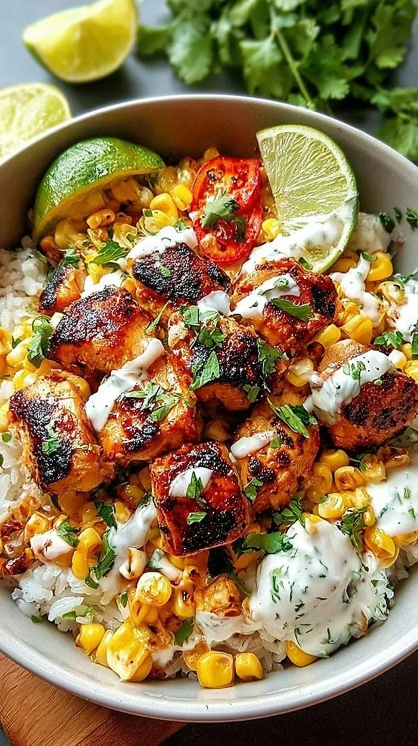 A vibrant Street Corn Chicken Rice Bowl topped with creamy crema and fresh cilantro