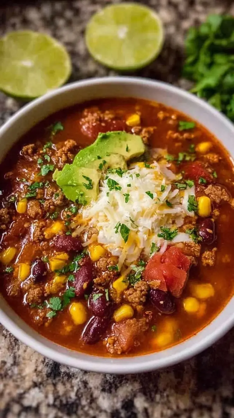 A steaming bowl of Easy Taco Soup topped with cheese and sour cream.