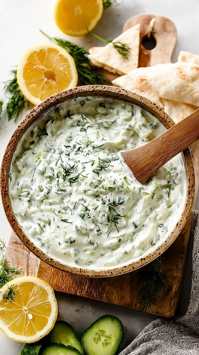 A bowl of creamy Greek tzatziki topped with fresh dill and olive oil