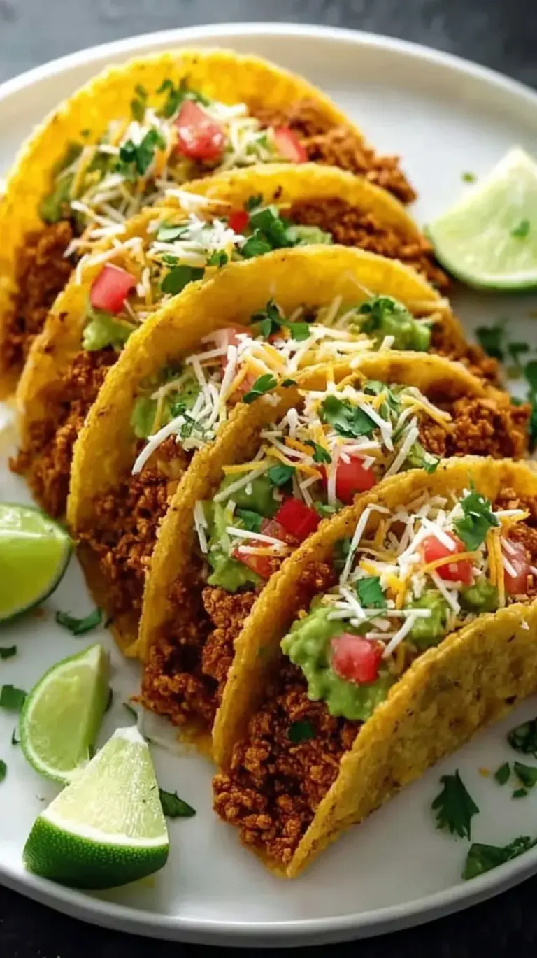 Crispy shredded tofu taco meat served on corn tortillas with cabbage and lime
