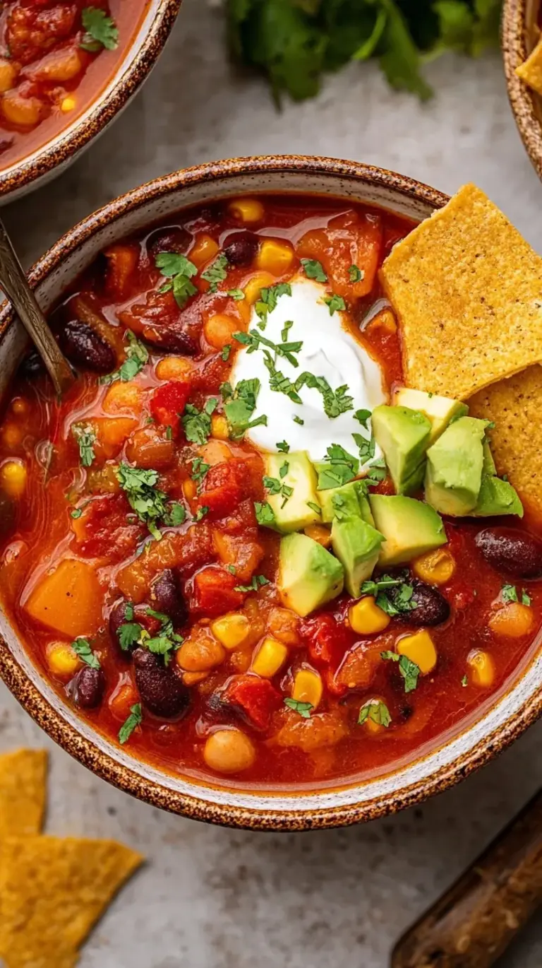 A steaming bowl of hearty vegetarian chili with beans and peppers