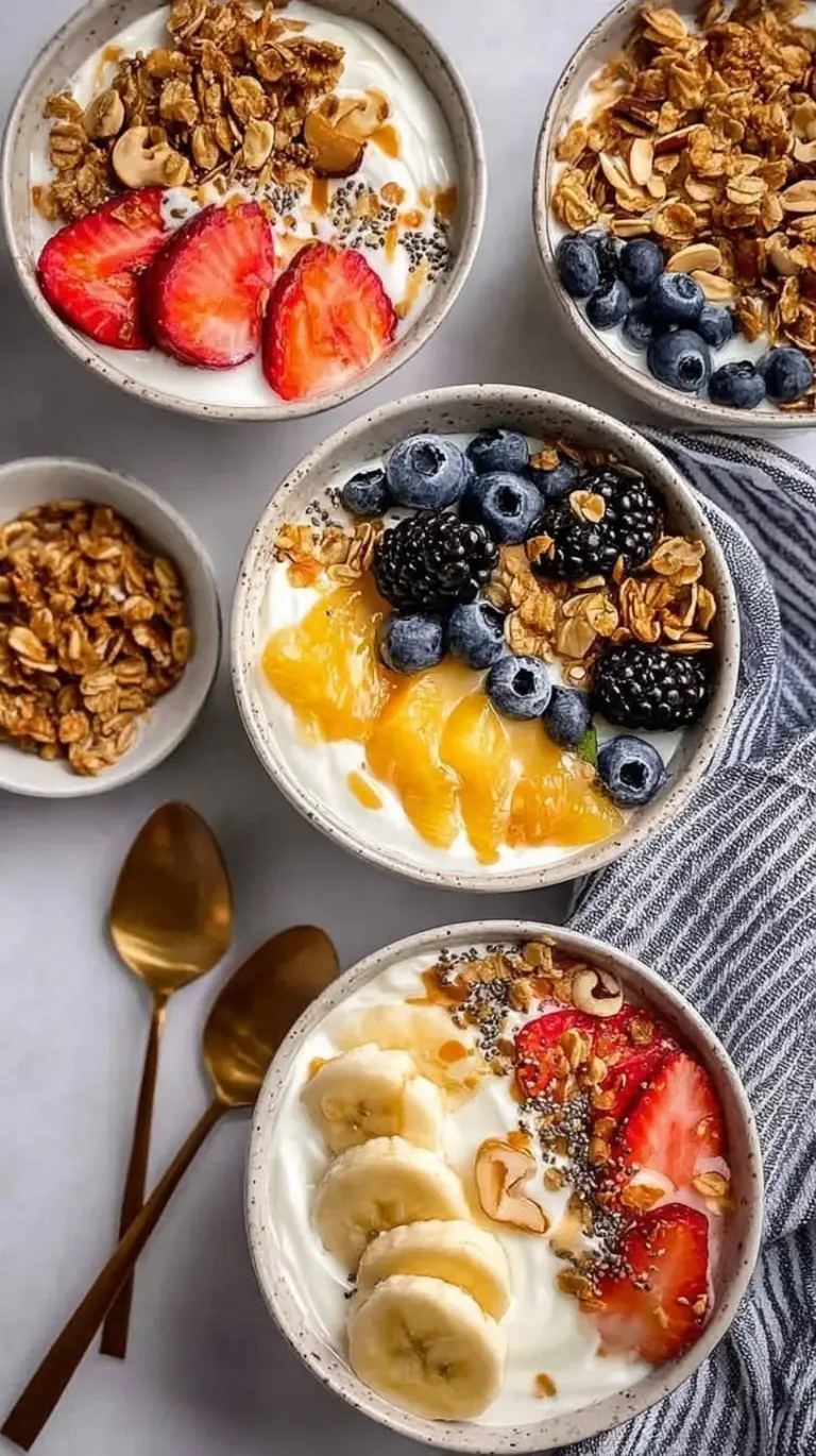 Four different yogurt granola bowls with various fruit and nut toppings