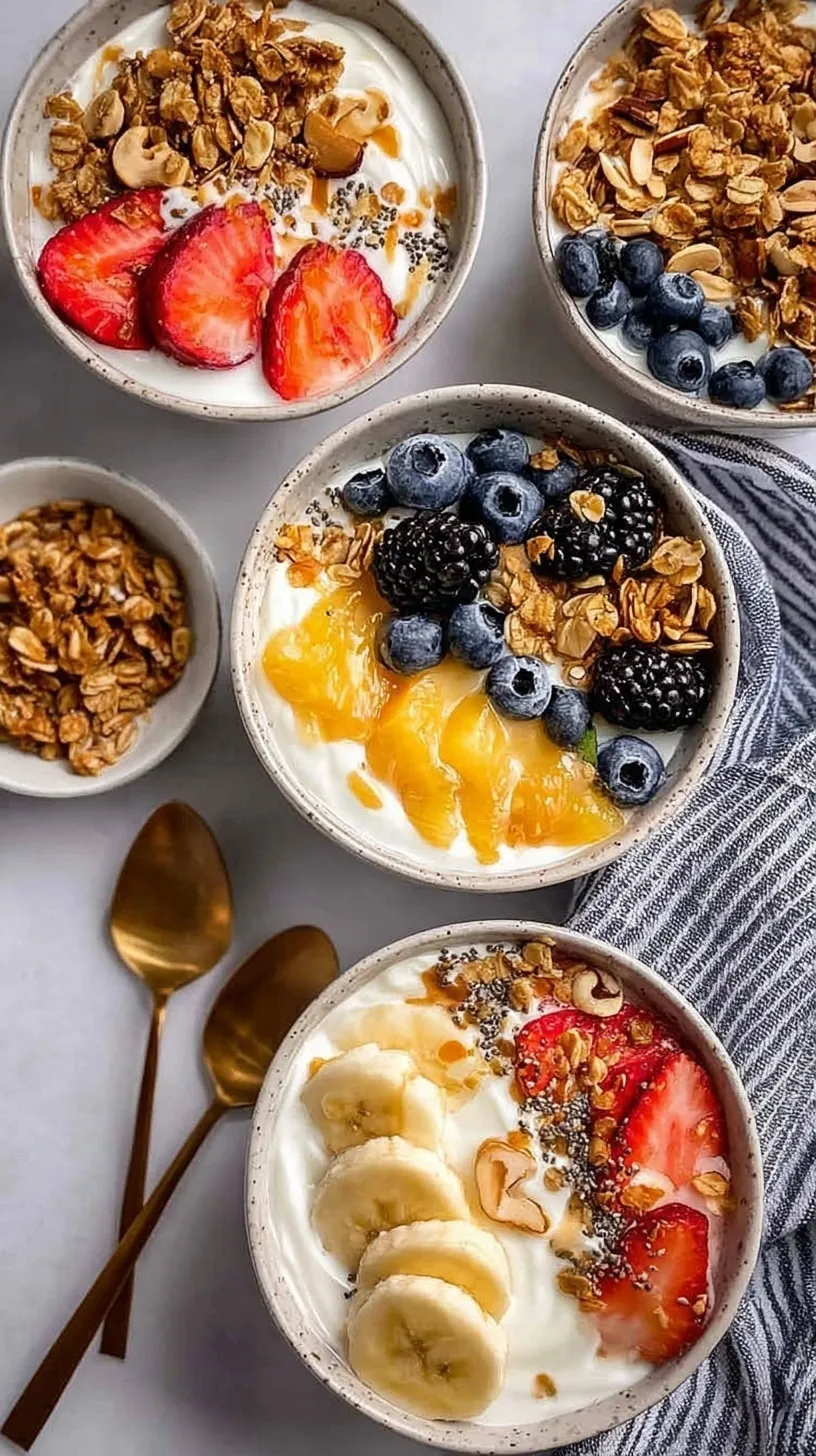 Four different yogurt granola bowls with various fruit and nut toppings