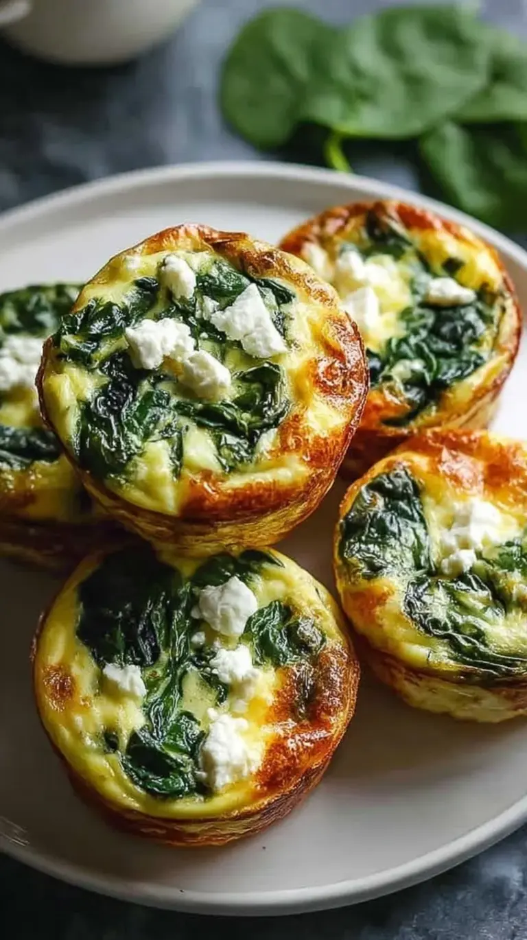 Golden-brown egg muffins with green spinach and white feta cheese in a muffin tin