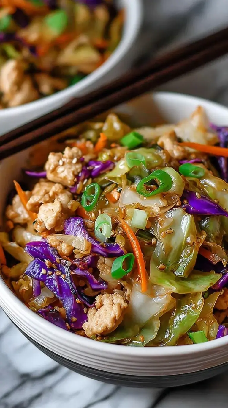 A close-up shot of a savory chicken and cabbage egg roll bowl garnished with green onions and sesame seeds.