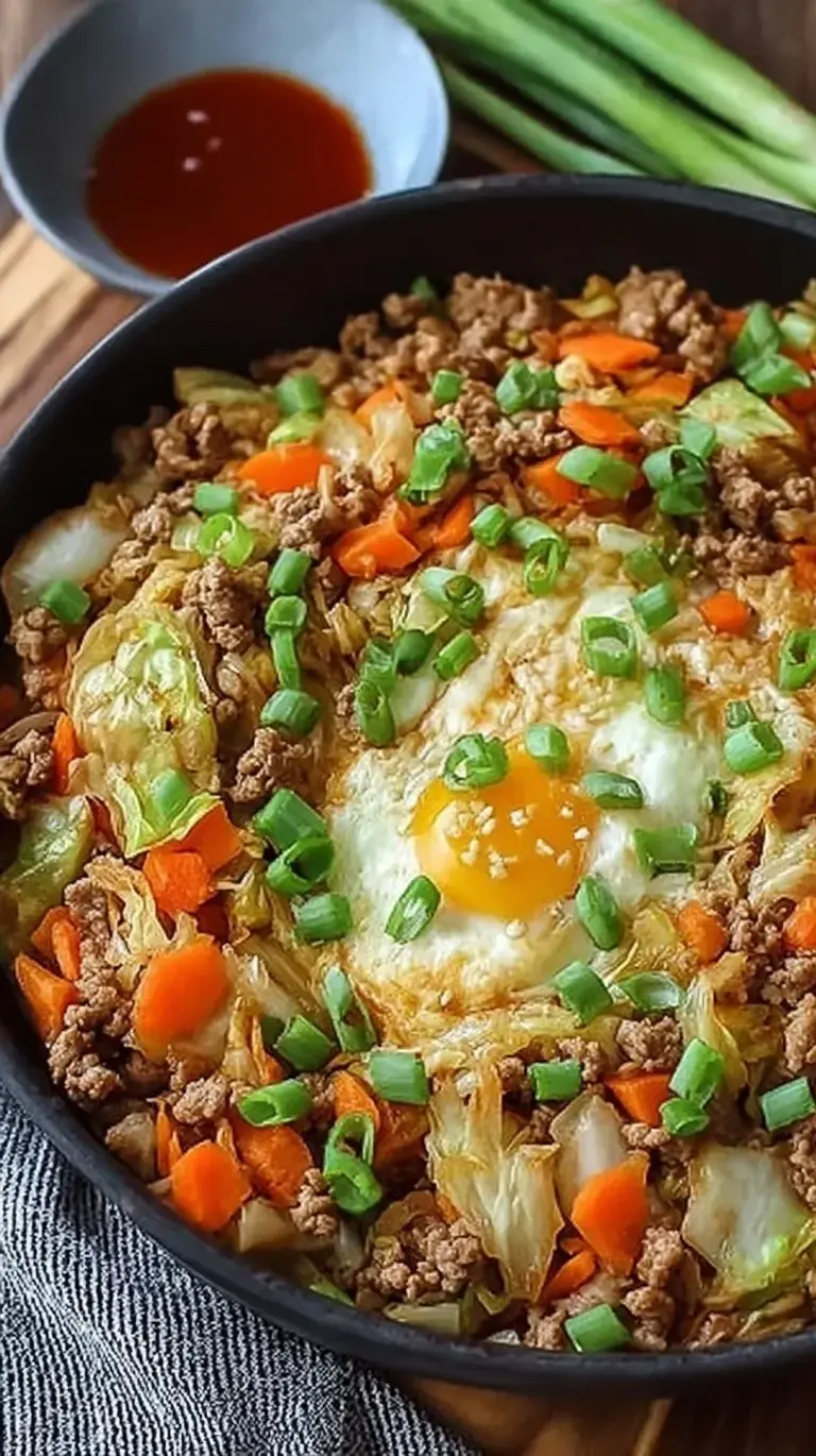 A colorful skillet of Keto Egg Roll in a Bowl topped with green onions