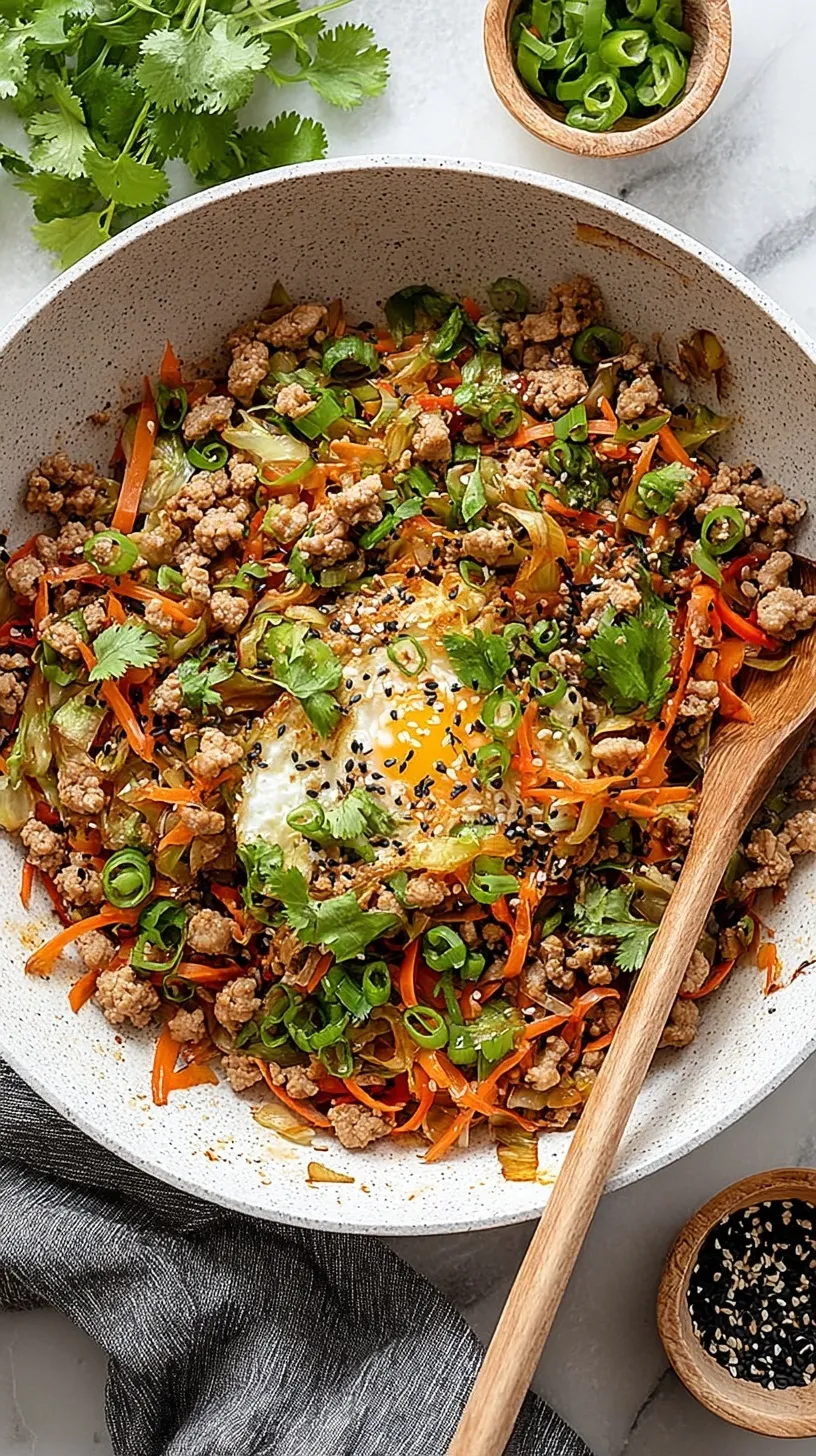 A skillet filled with savory ground pork, shredded cabbage, and green onions garnished with sriracha.