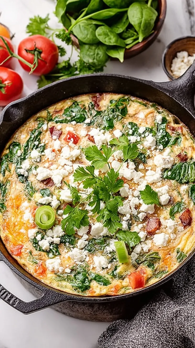 A fluffy egg white frittata in a black skillet topped with tomatoes, spinach, and feta cheese.