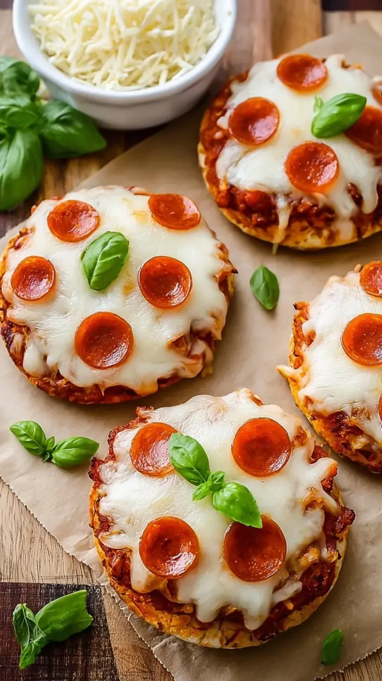 Crispy English muffin pizza halves topped with melted mozzarella and mini pepperoni