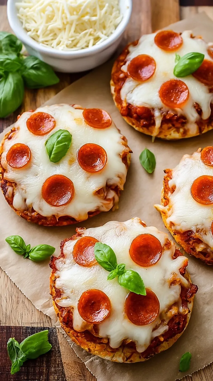 Crispy English muffin pizza halves topped with melted mozzarella and mini pepperoni