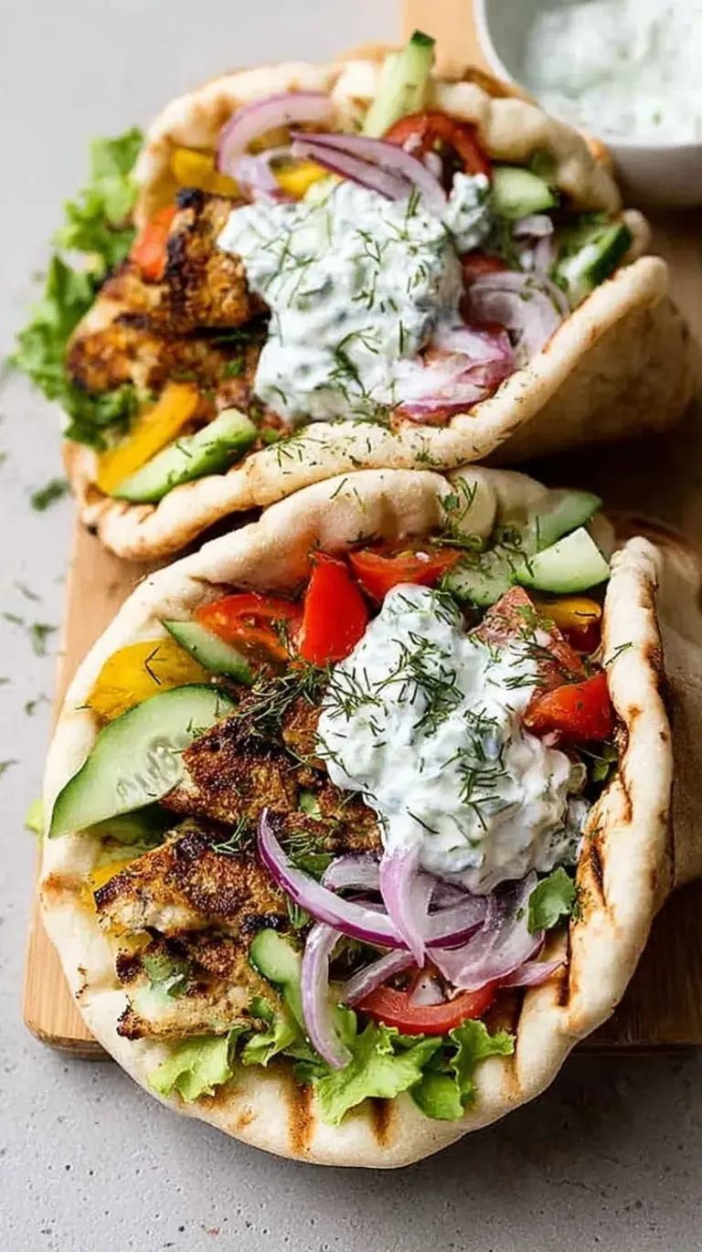 Close up of a vegan gyro wrapped in pita with white tzatziki sauce and red onions