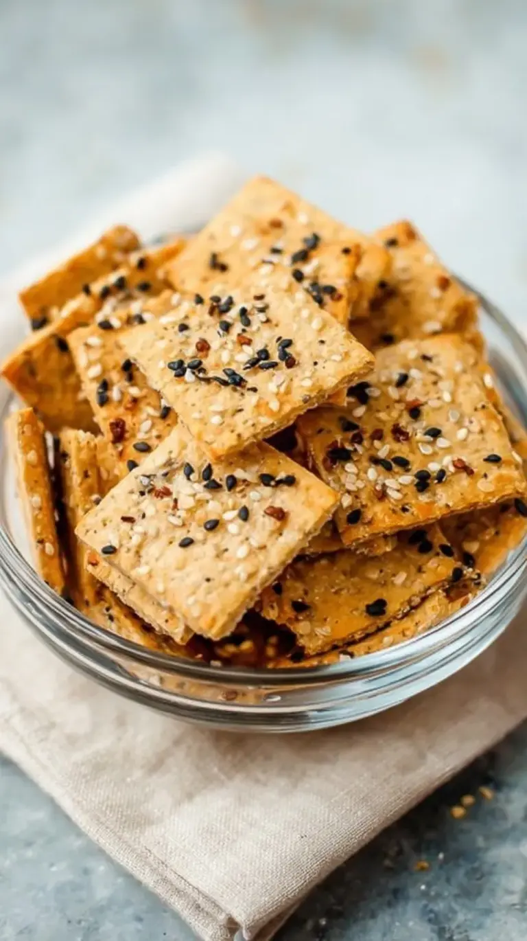 Golden brown everything bagel crackers on a baking sheet with parchment paper