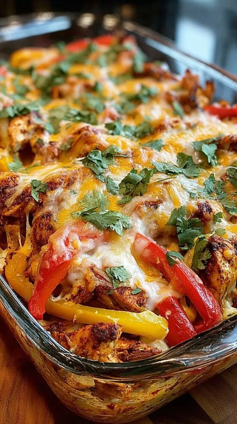 A 9x13 baking dish filled with sliced chicken, bell peppers, and melted Mexican cheese garnished with cilantro.
