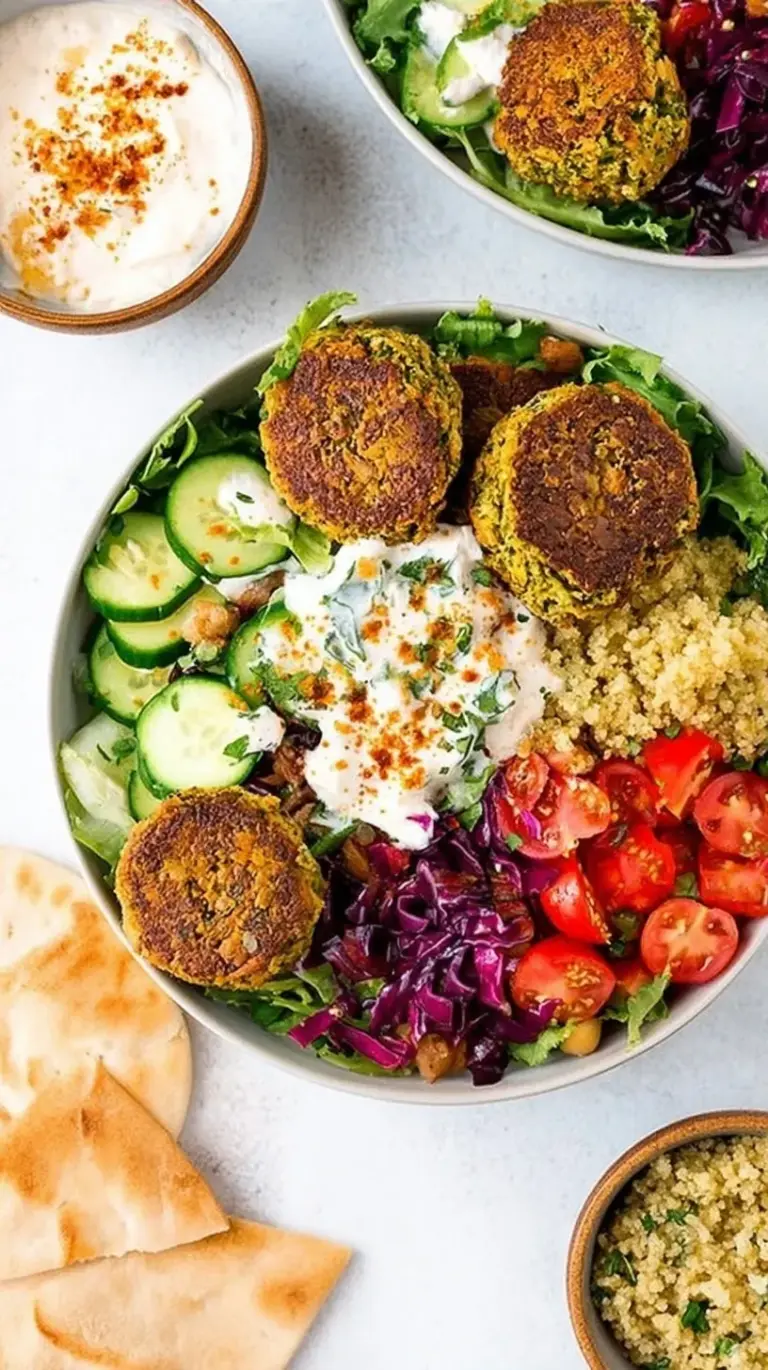 A vibrant Mediterranean falafel bowl with rice, hummus, and fresh vegetables.