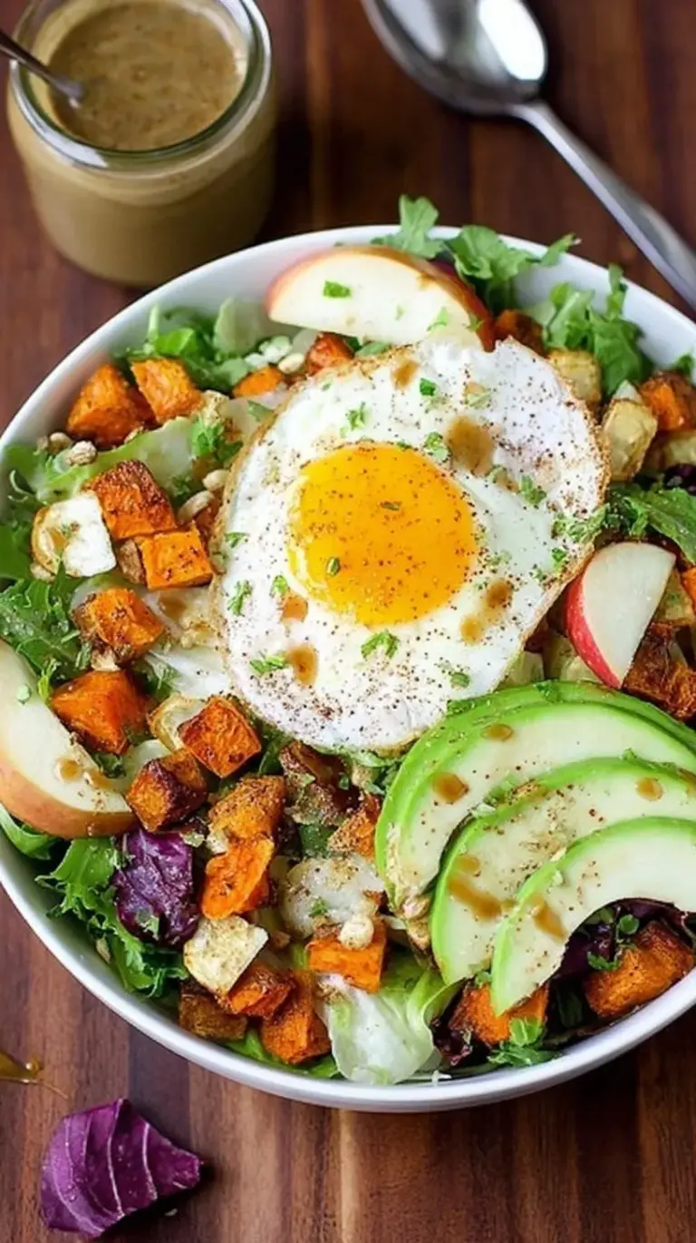 A vibrant Fall Breakfast Salad bowl with roasted sweet potatoes, kale, quinoa, and soft-boiled eggs drizzled with tahini dressing.