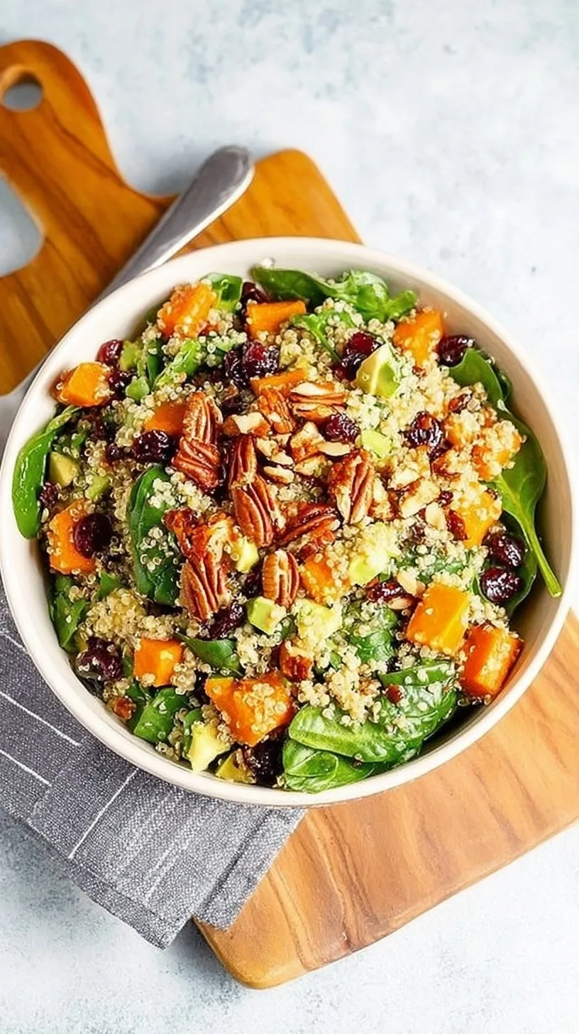 A vibrant bowl of Fall Quinoa Spinach Salad with roasted butternut squash, dried cranberries, and crumbled feta cheese.