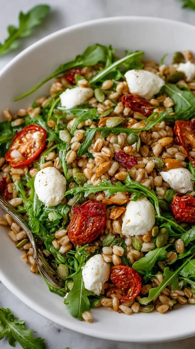 A vibrant Mediterranean Farro Salad in a bowl with cherry tomatoes, cucumbers, and feta cheese.