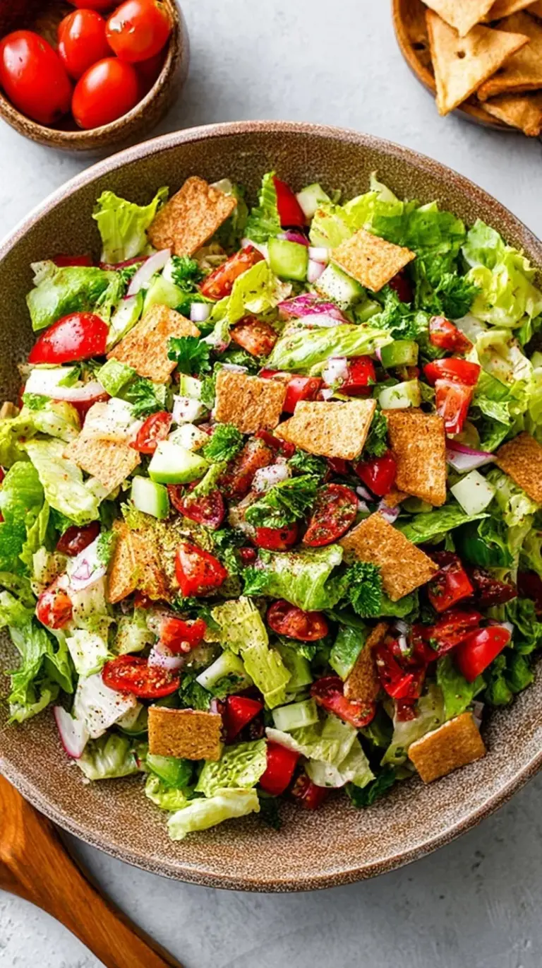 A vibrant bowl of Fattoush Salad with crispy pita, tomatoes, and cucumbers