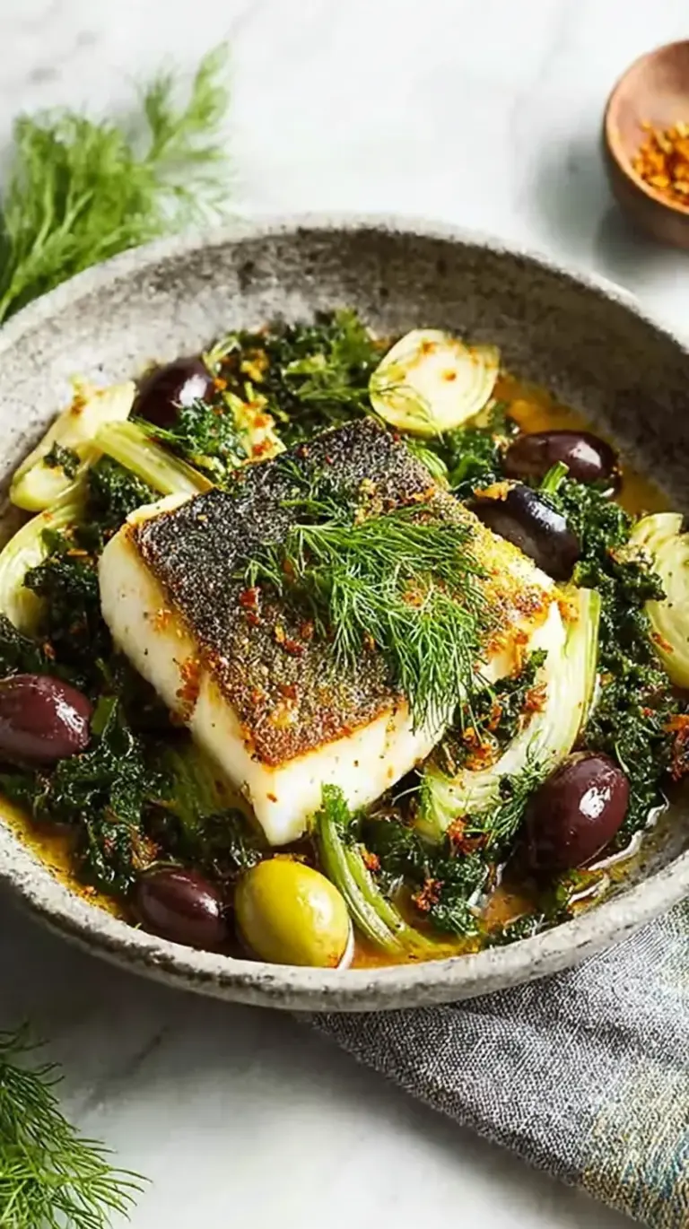 Roasted white fish fillets topped with shaved fennel and Kalamata olives in a skillet.