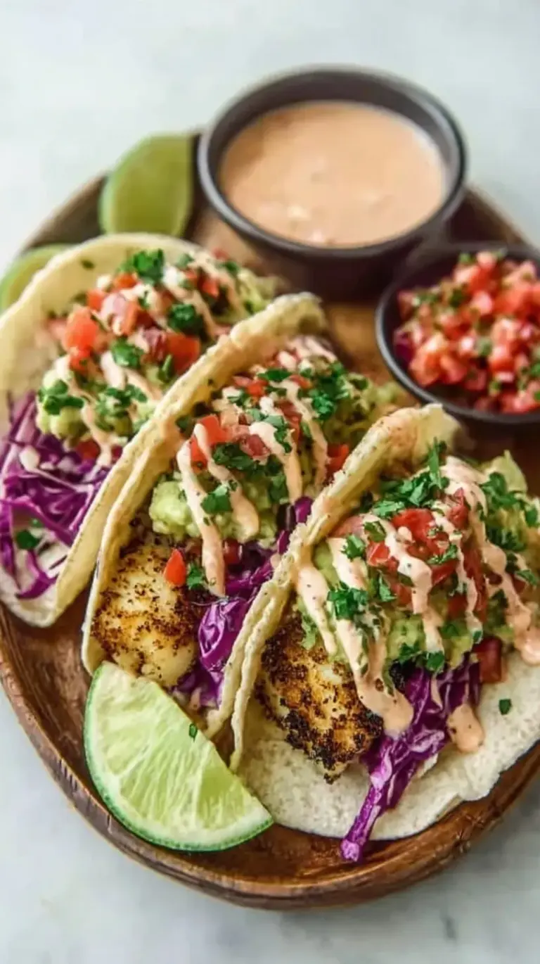 Three Baja-Style Fish Tacos topped with purple cabbage slaw and drizzled with creamy cilantro-lime sauce on a platter.