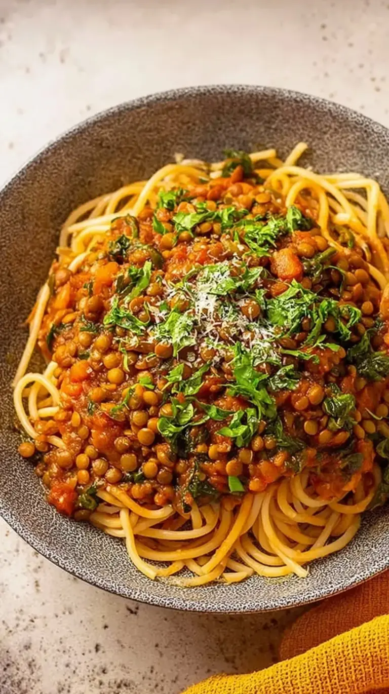A bowl of hearty lentil bolognese served over whole-wheat pasta and topped with fresh basil.
