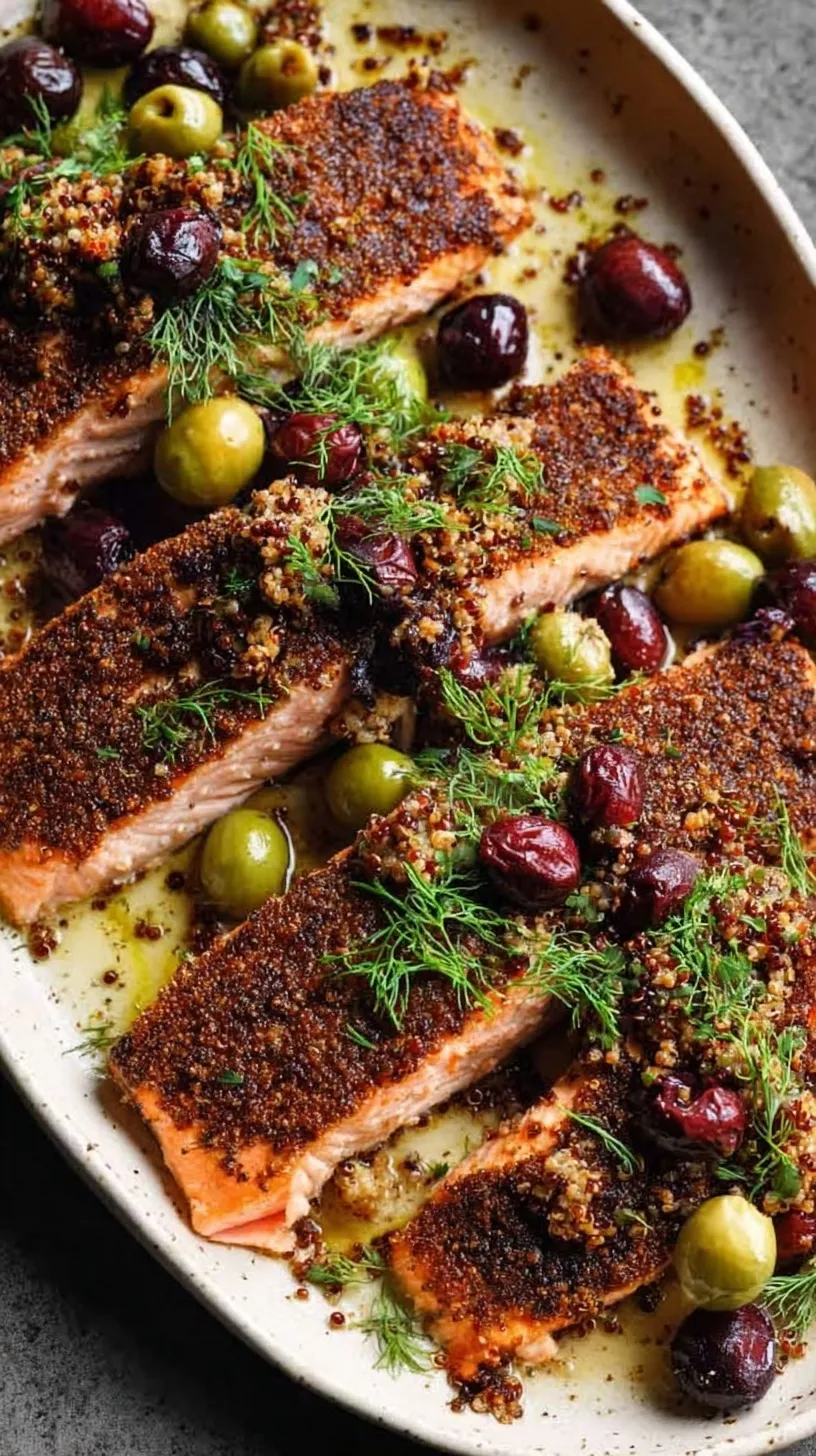 A close up shot of a baked salmon fillet with a golden flaxseed crust and lemon zest.