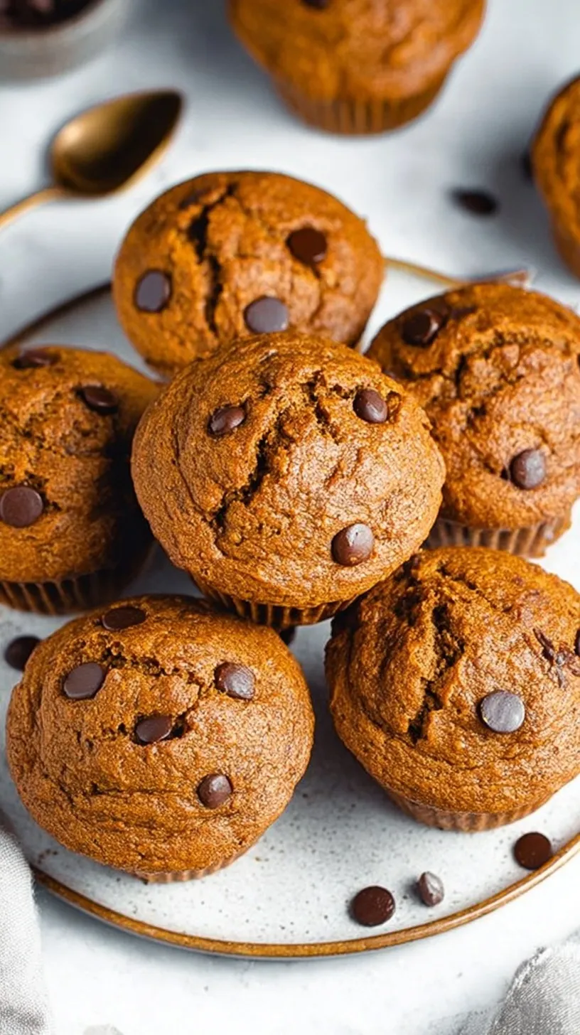 Golden brown flourless pumpkin muffins with dark chocolate chips