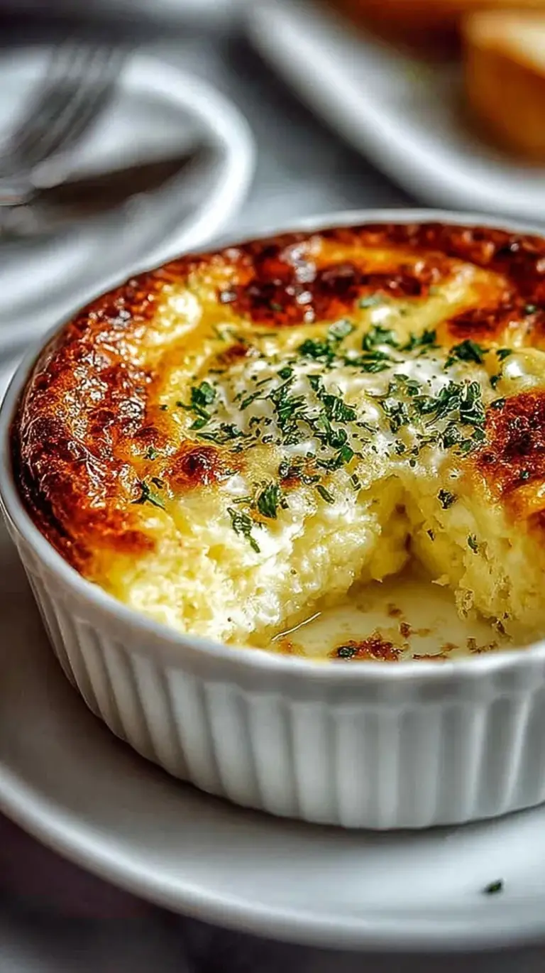 Golden brown and fluffy baked eggs with cottage cheese and chives in a white baking dish.