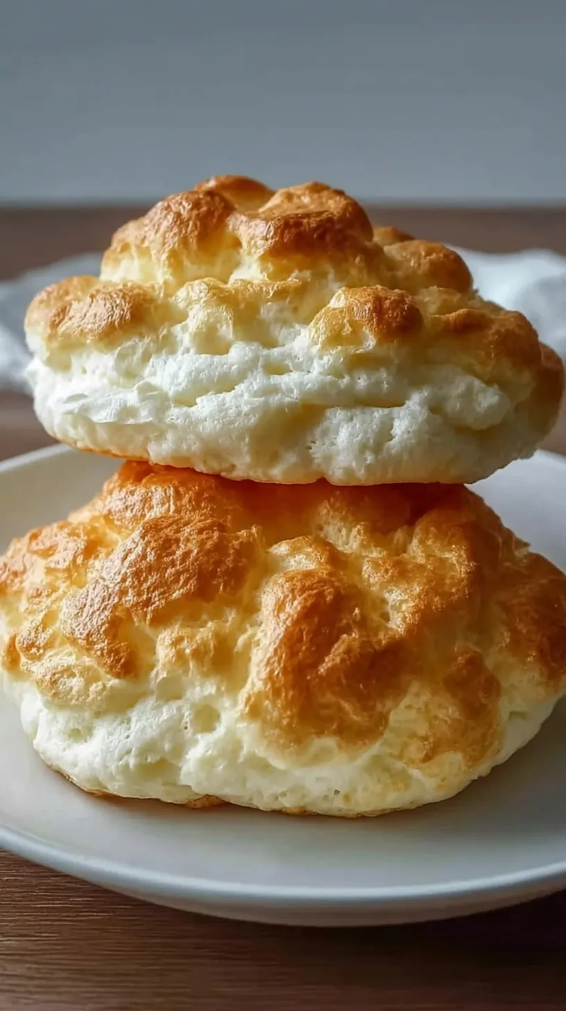 Golden brown rounds of fluffy cottage cheese cloud bread on a baking sheet