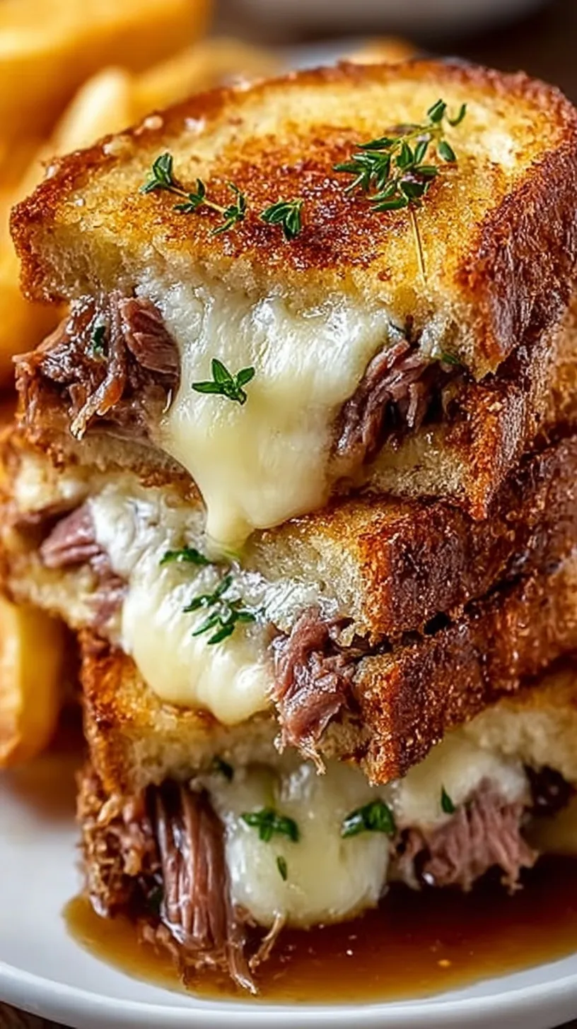 A golden brown French Dip Grilled Cheese sandwich being dipped into a small bowl of beef au jus