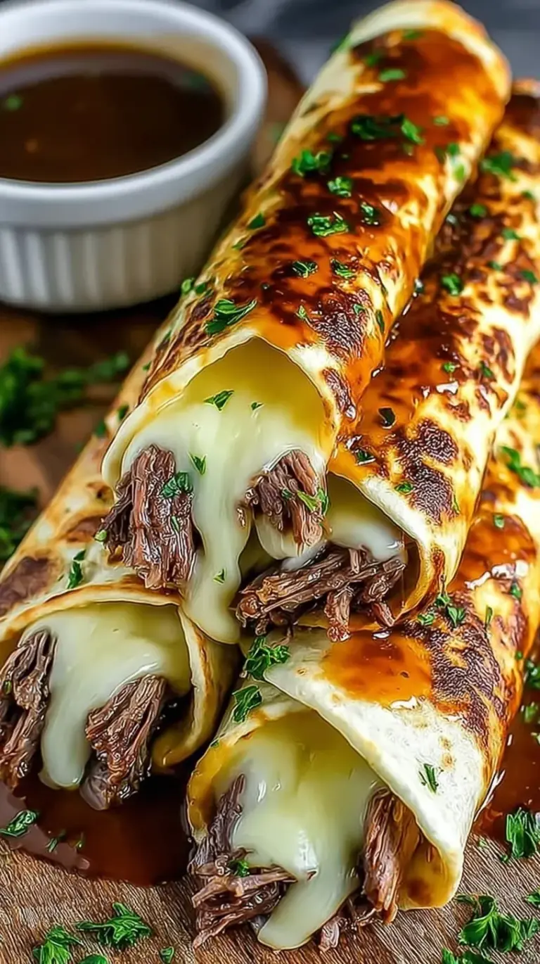 Sliced French Dip Tortilla Roll Ups arranged on a platter with a bowl of beef au jus for dipping.