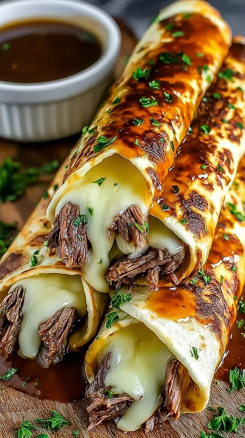 Sliced French Dip Tortilla Roll Ups arranged on a platter with a bowl of beef au jus for dipping.