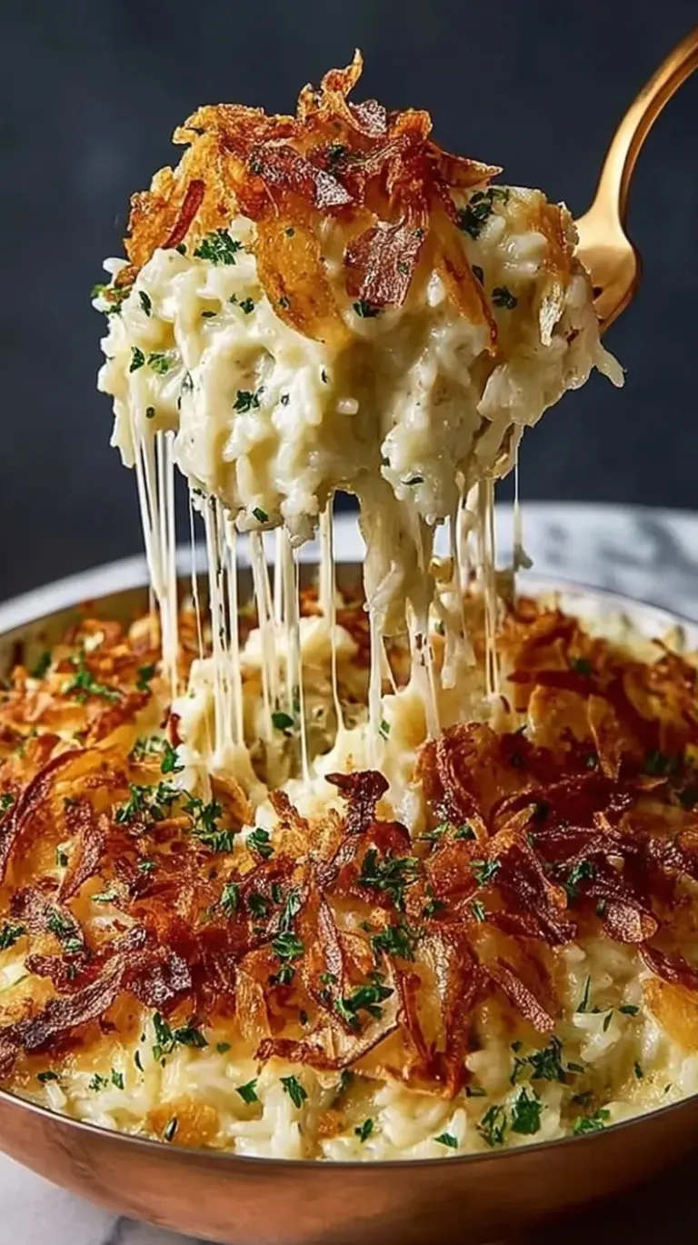 A 9x13 baking dish filled with golden brown chicken, rice, and bubbly melted Gruyere cheese.