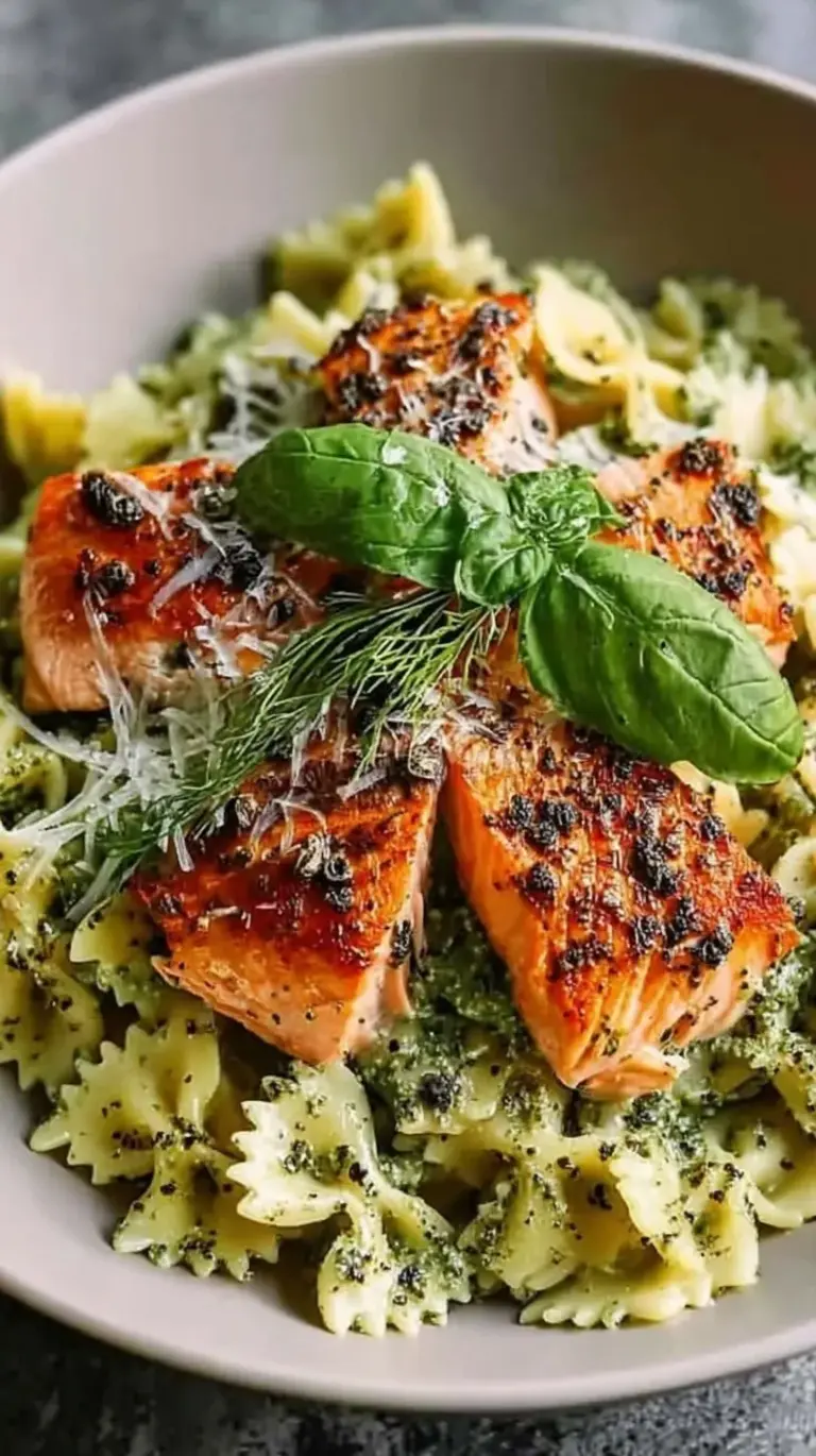 A close up shot of creamy salmon pesto pasta with golden seared salmon cubes and fresh basil garnish.