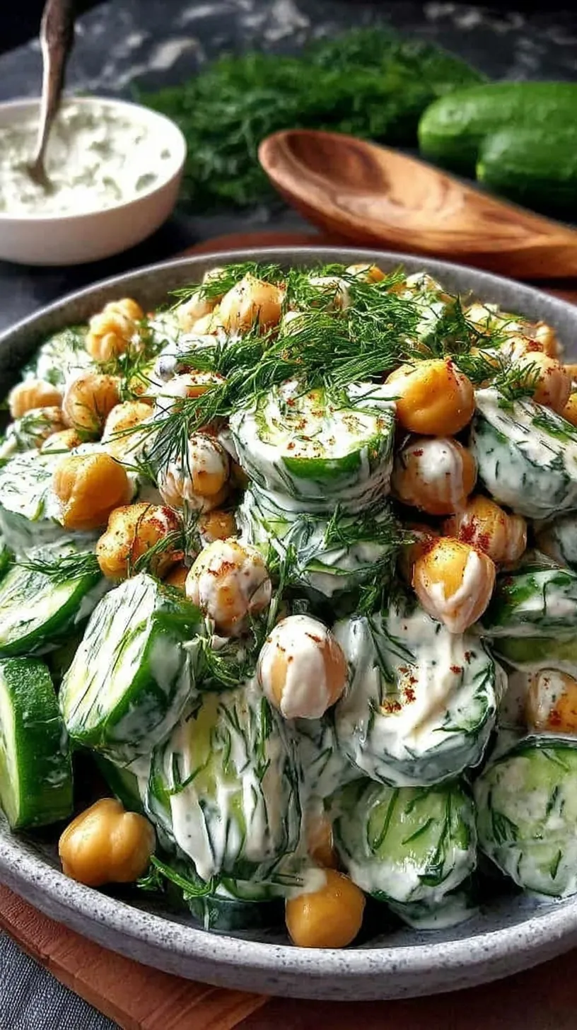 A bright bowl of Vegan Tzatziki Chickpea Salad with cucumbers, tomatoes, and creamy dressing.