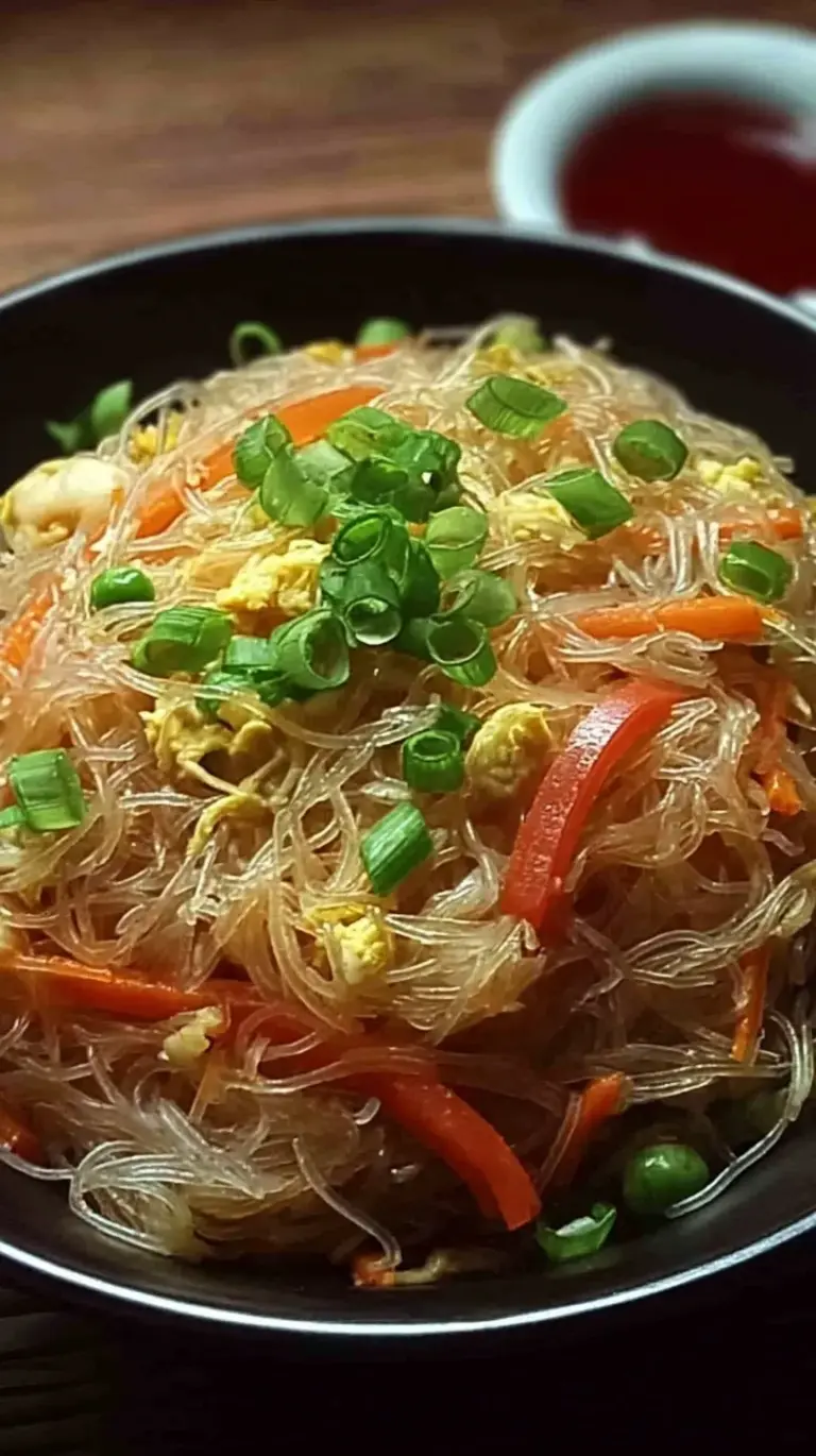 A bowl of wide flat rice noodles stir-fried with chicken, bok choy, and scrambled eggs, garnished with green onions.