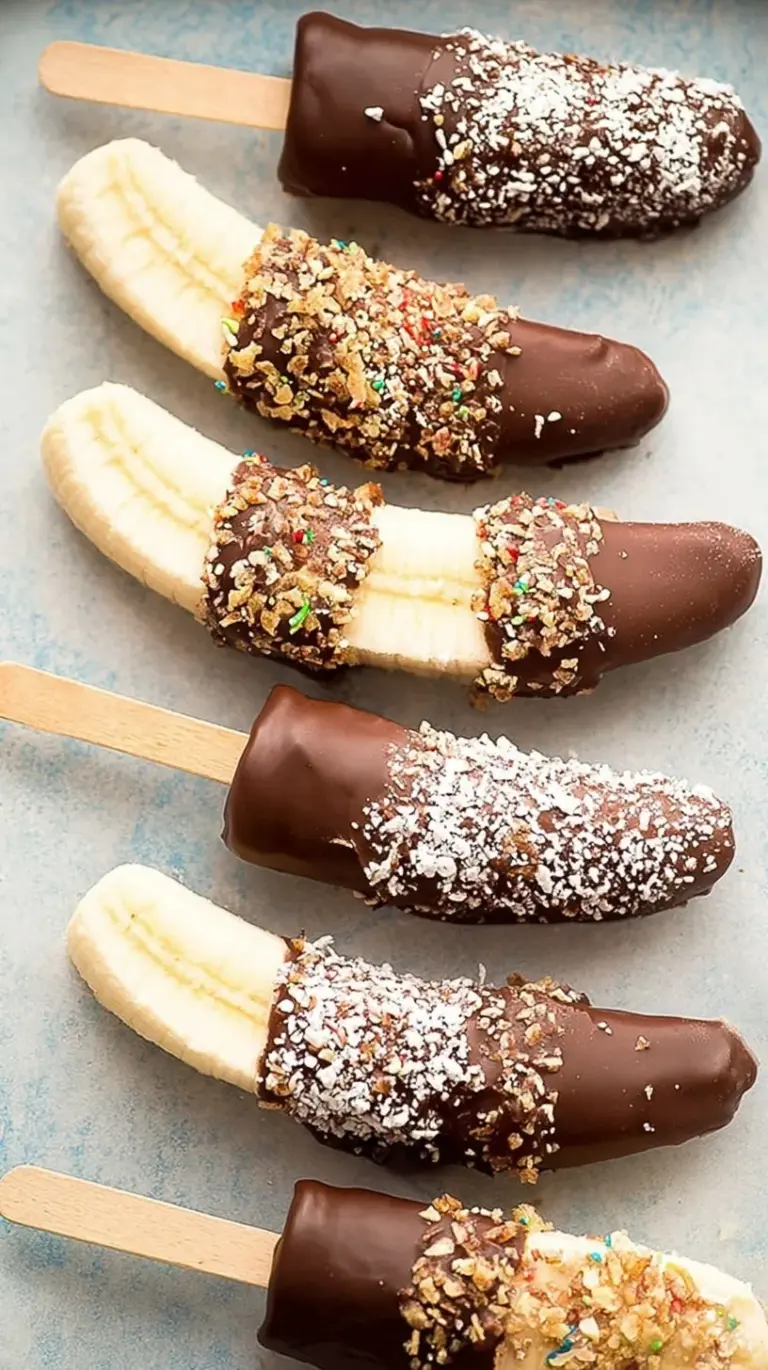 Frozen chocolate covered bananas on sticks with crushed peanuts and sprinkles on a marble surface.