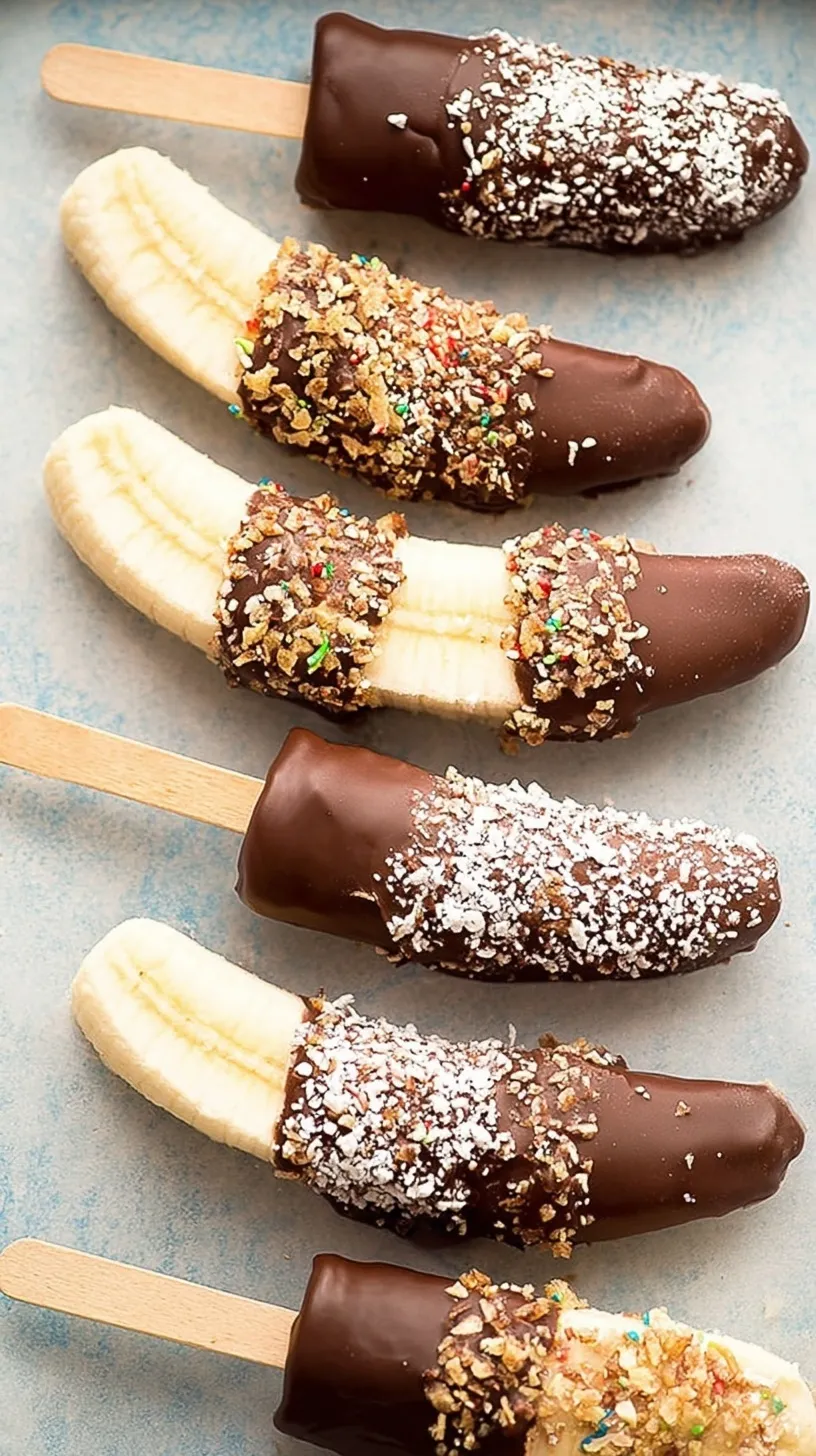 Frozen chocolate covered bananas on sticks with crushed peanuts and sprinkles on a marble surface.