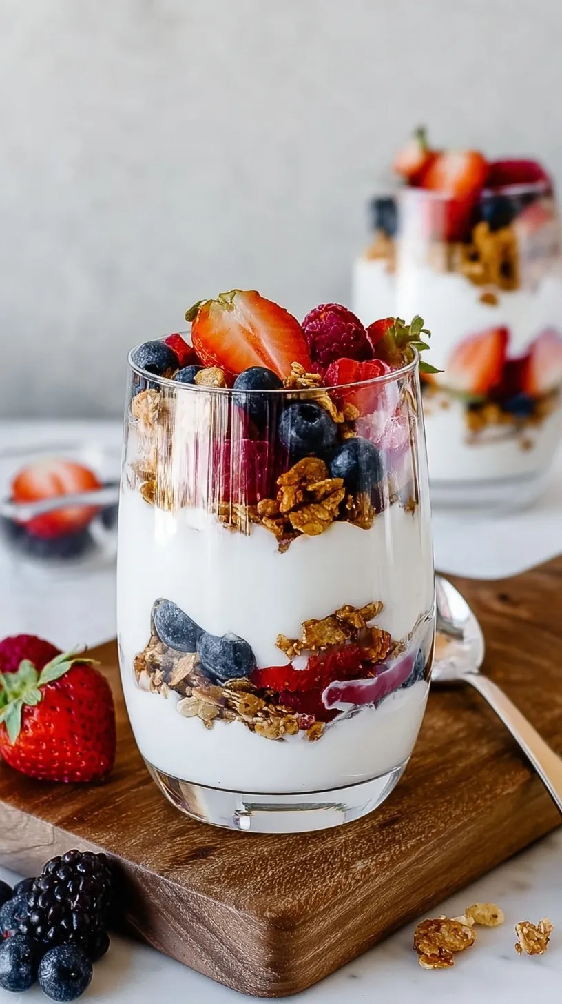 A glass jar filled with layers of Greek yogurt, strawberries, blueberries, and honey-almond granola topped with mint.