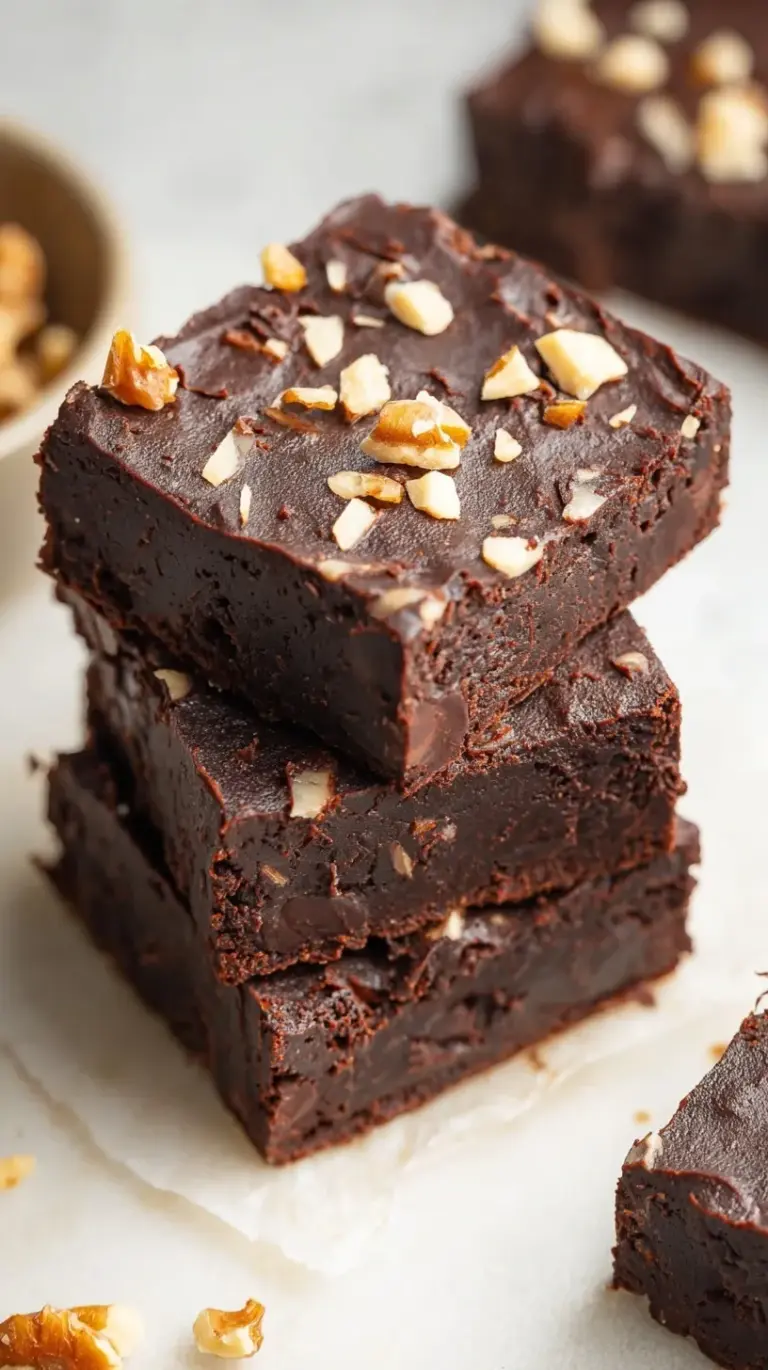 A stack of rich, dark chocolate Fudgy Black Bean Brownies with melted chocolate chips on top.