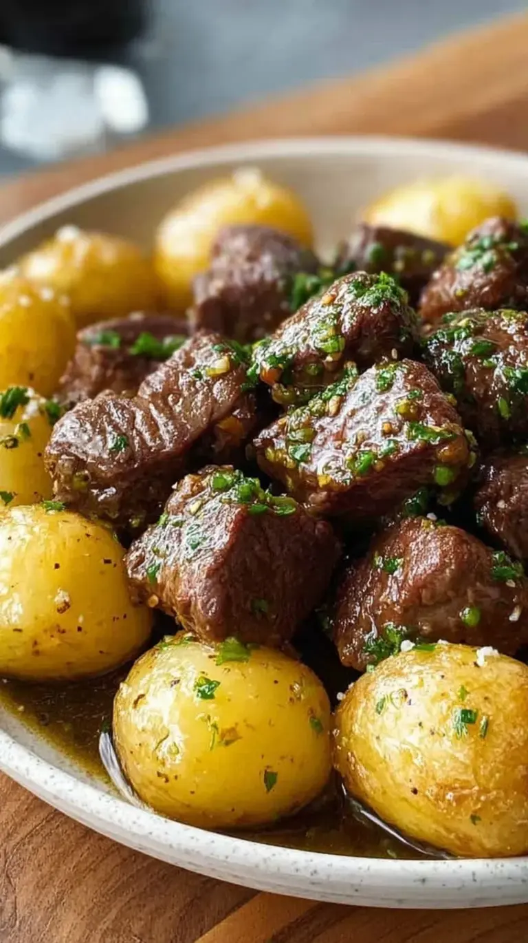 Sizzling skillet of seared beef cubes and golden potatoes coated in garlic butter and fresh parsley