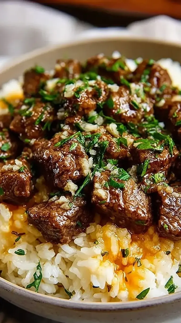 Sizzling garlic butter beef rice in a skillet topped with fresh green onions