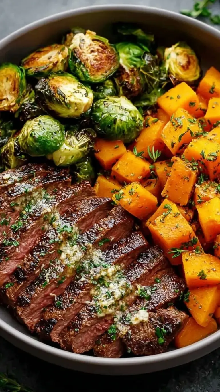 Pan-seared garlic butter steak served with roasted Brussels sprouts and butternut squash on a plate.