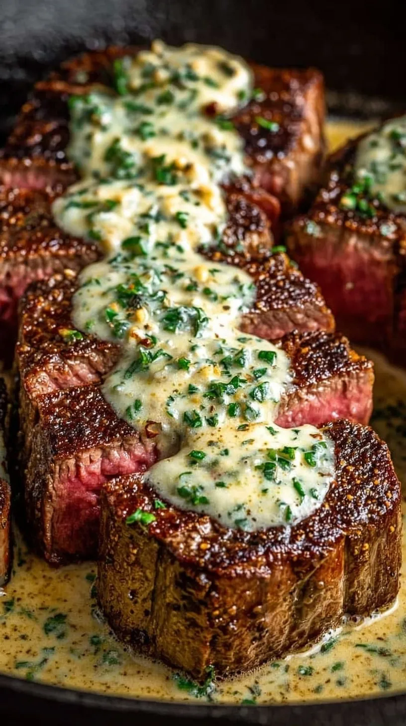 Pan-seared Garlic Butter Steak topped with creamy Parmesan sauce and fresh parsley in a cast iron skillet